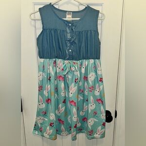 Girls Boutique Easter Bunny Bunnies Dress Denim flowy Dress 10/12 10y 12y